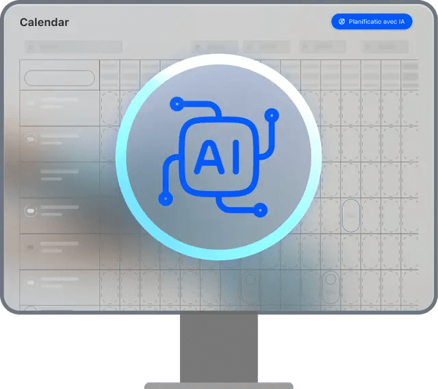 Monitor displaying calendar with AI-powered planning interface